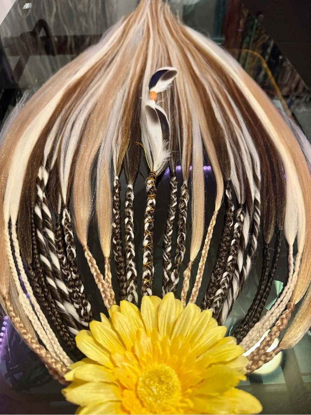 Blonde and Dark Brown Braided Hair Extensions with Feather Accent